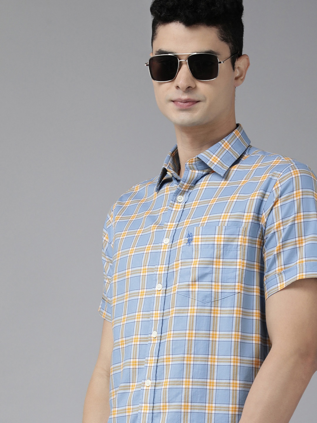 

U S Polo Assn Men Blue & Yellow Tailored Fit Tartan Checked Pure Cotton Casual Shirt