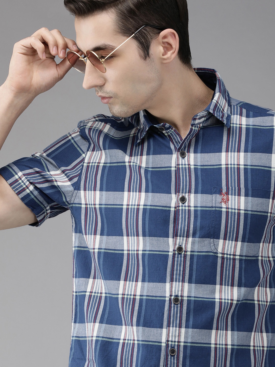 

U S Polo Assn Denim Co Men Teal Blue Slim Fit Checked Casual Shirt