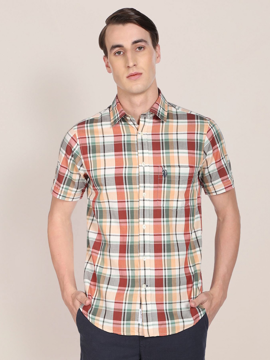 

U S Polo Assn Men Rust Red and Blue Tailored Fit Tartan Checked Casual Shirt