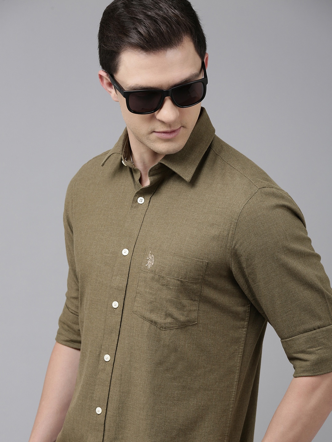

U S Polo Assn Men Olive Green Solid Tailored Fit Pure Cotton Casual Shirt