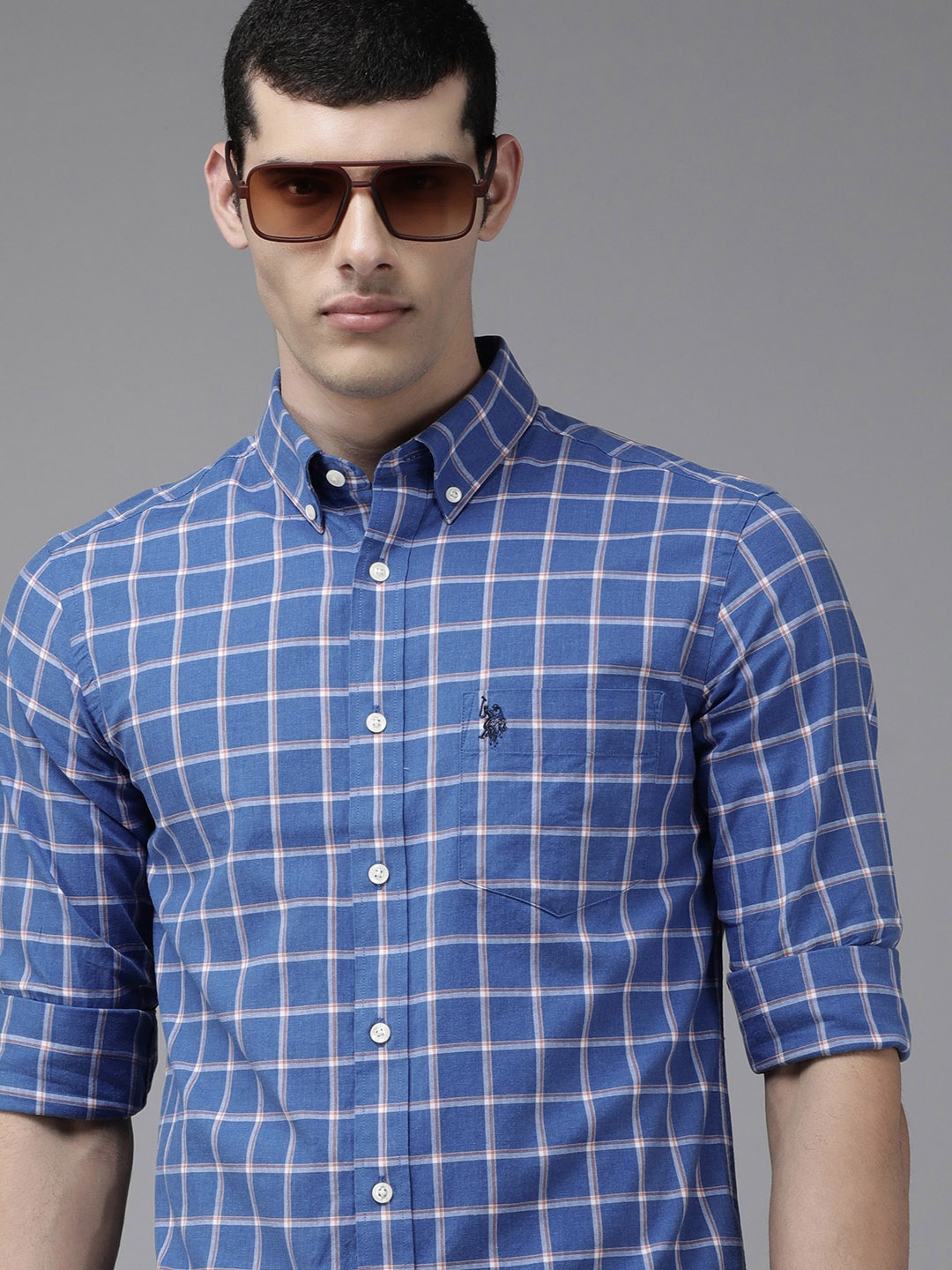 

U S Polo Assn Men Blue & White Tailored Fit Checked Pure Cotton Casual Shirt