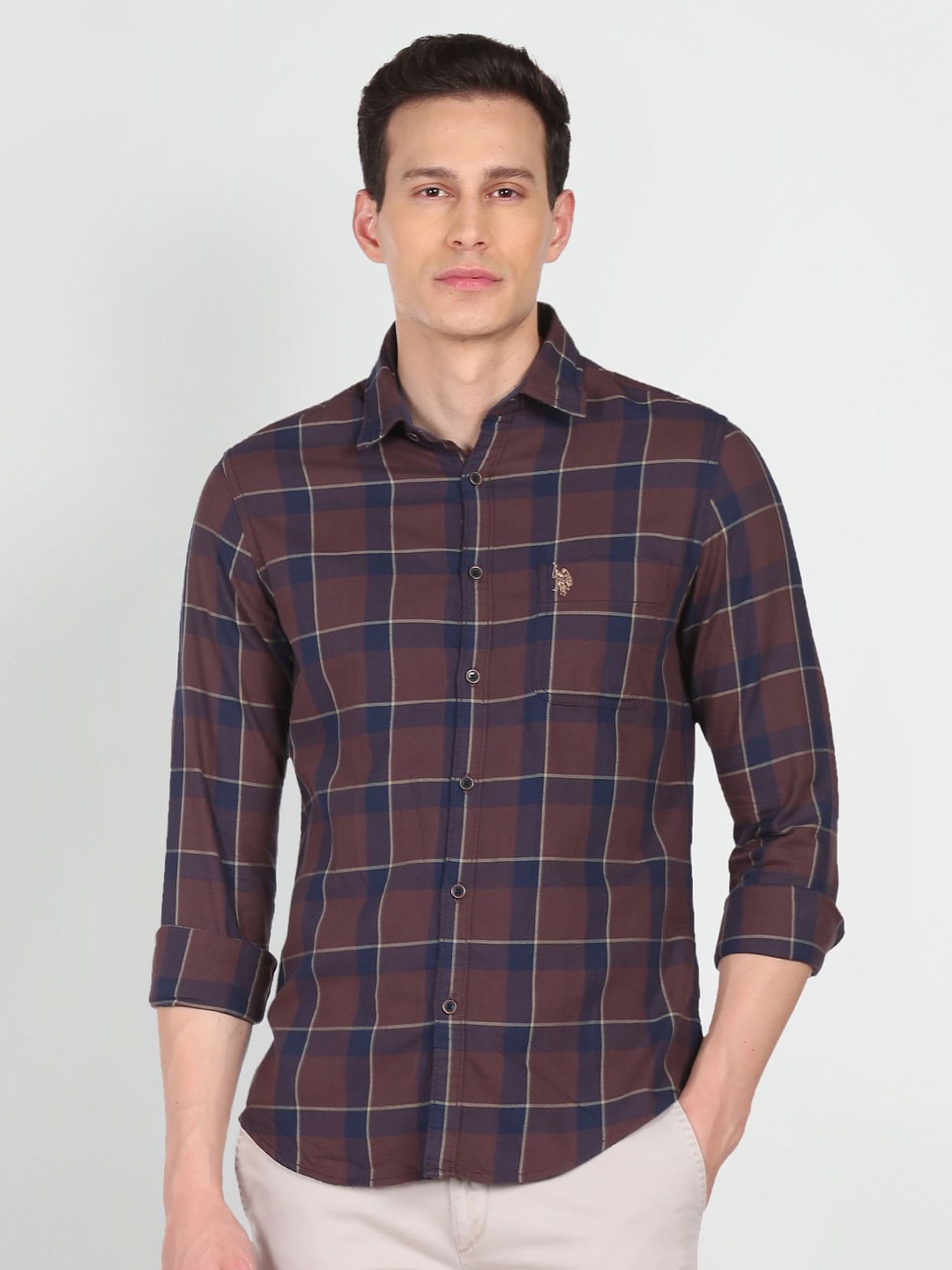 

U.S. Polo Assn. Denim Co. Men Brown Slim Fit Checked Pure Cotton Casual Shirt