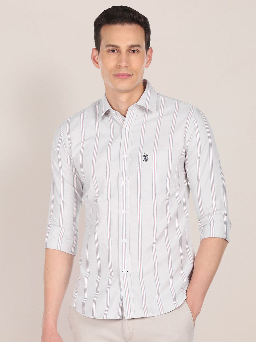 

U S Polo Assn Men Grey Striped Pure Cotton Casual Shirt