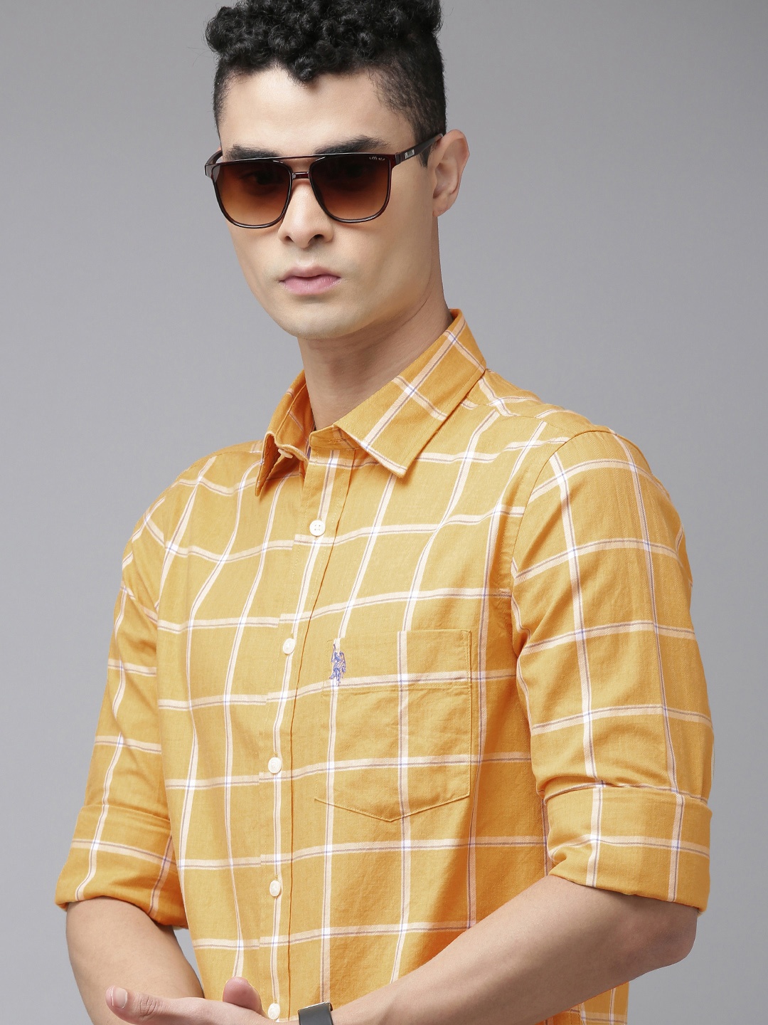 

U S Polo Assn Men Yellow Pure Cotton Windowpane Checks Checked Casual Shirt