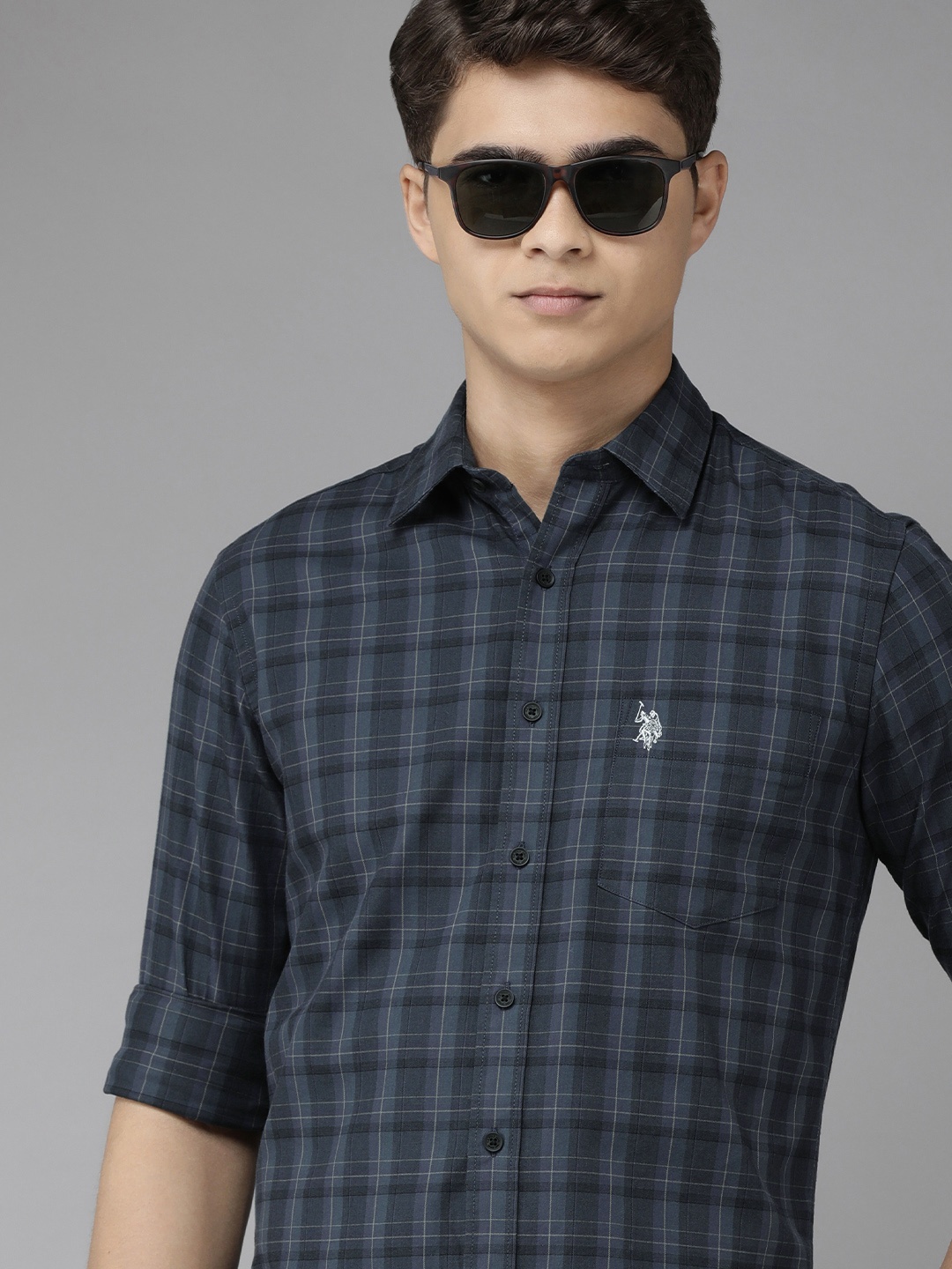 

U S Polo Assn Men Grey Checked Casual Shirt