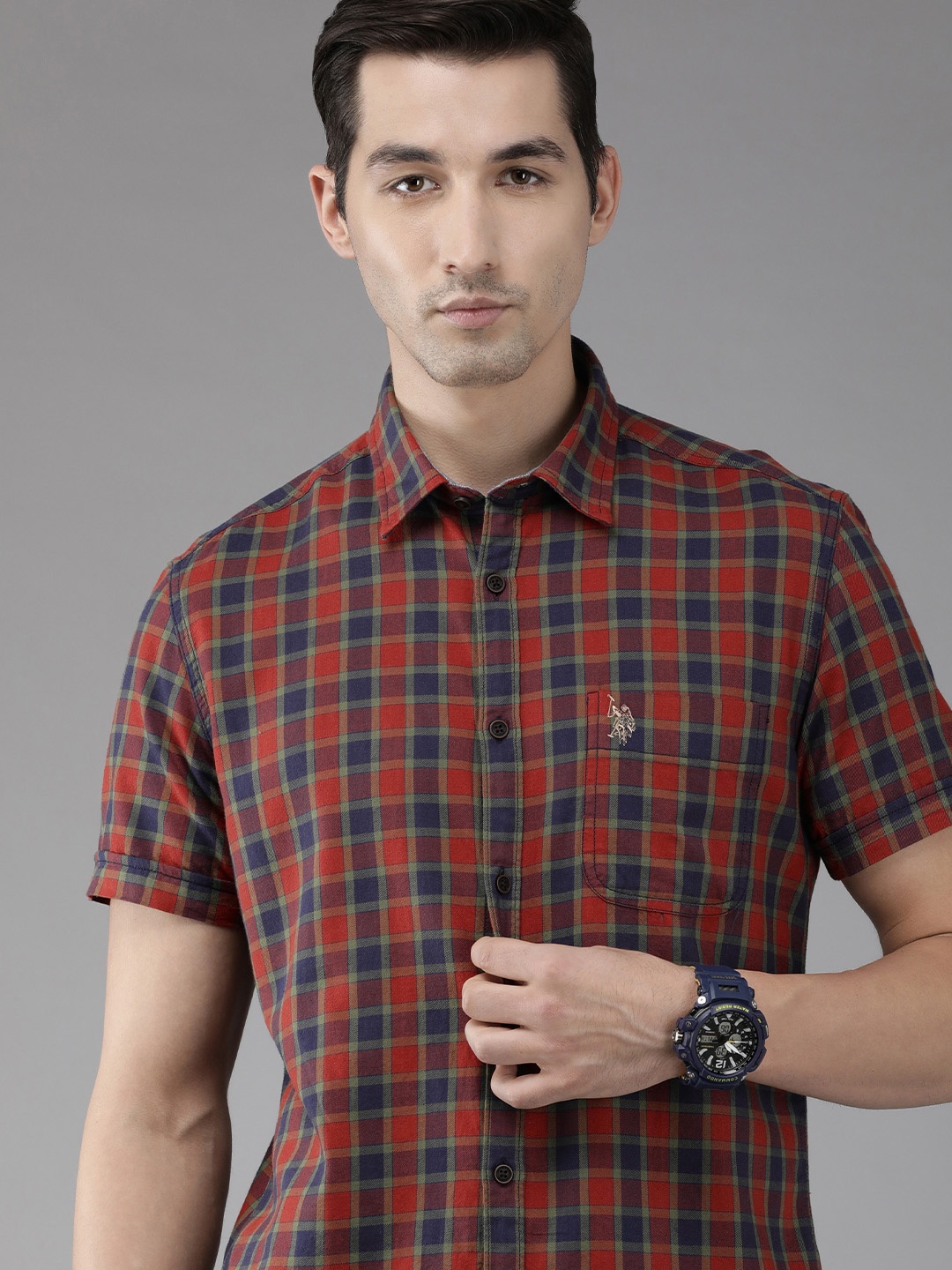 

U S Polo Assn Denim Co Men Rust Slim Fit Tartan Checks Pure Cotton Casual Shirt