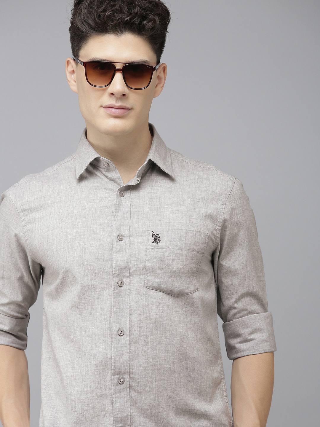 

U S Polo Assn Men Grey Self Design Textured Tailored Fit Pure Cotton Casual Shirt
