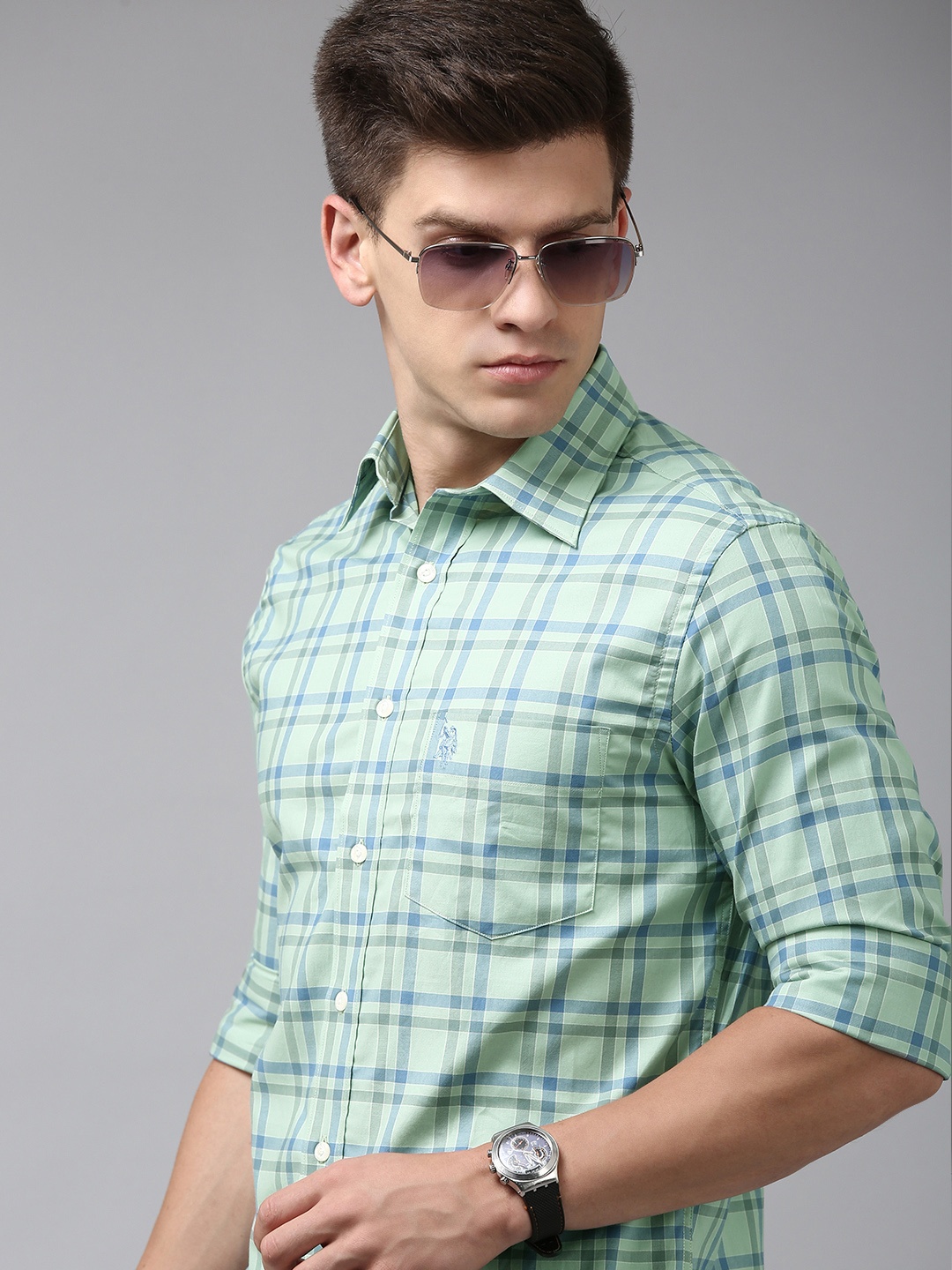 

U.S. Polo Assn. Men Tailored Fit Checked Pure Cotton Casual Shirt, Green