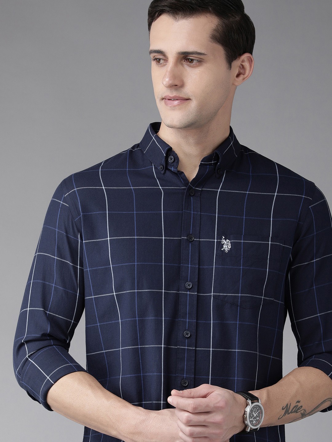 

U S Polo Assn Men Navy Blue Windowpane Checks Pure Cotton Casual Shirt