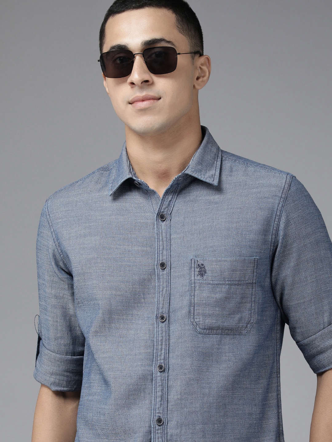 

U S Polo Assn Denim Co Men Blue Self Design Slim Fit Pure Cotton Casual Shirt