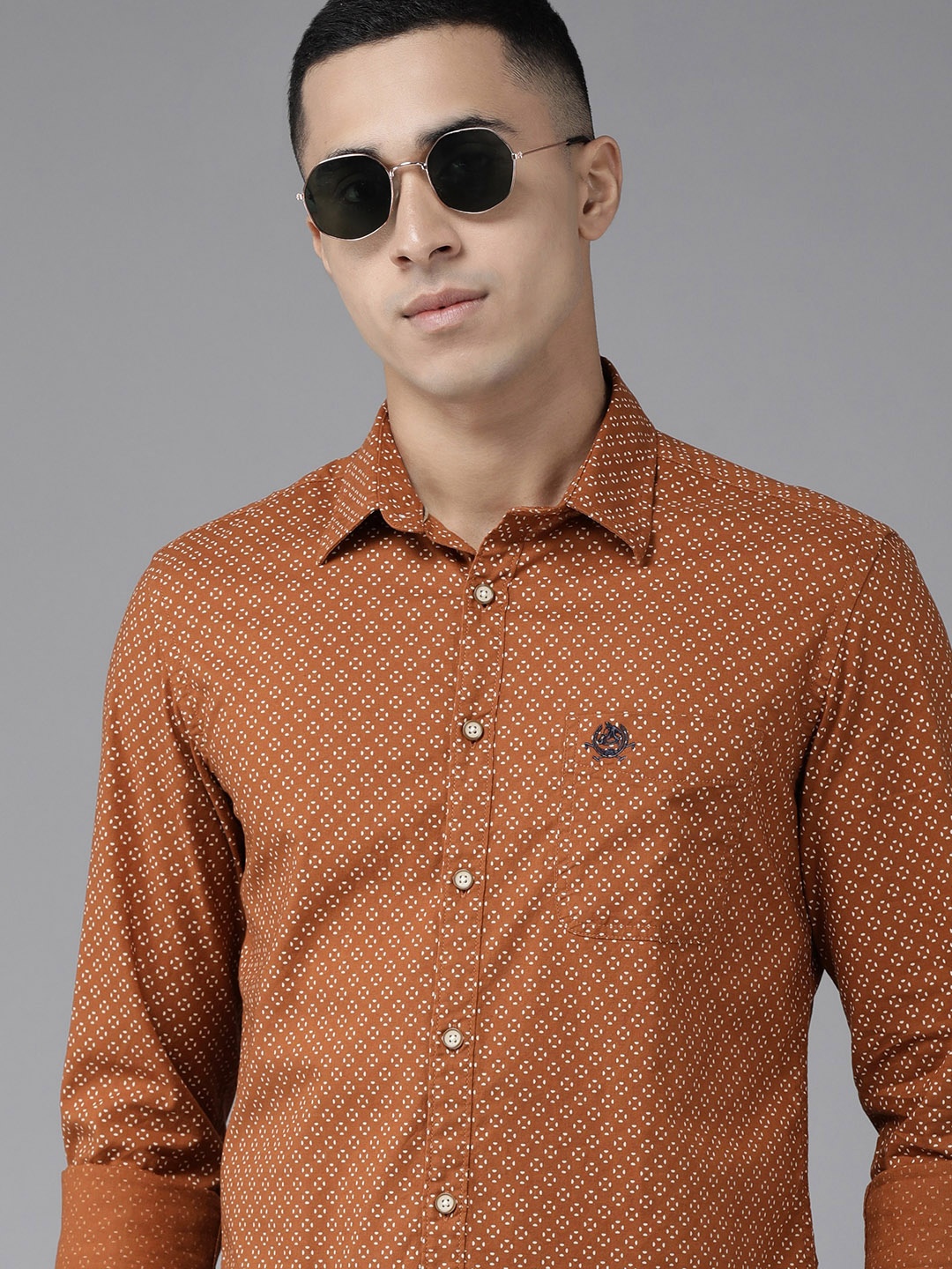 

U S Polo Assn Denim Co Men Rust Orange And White Slim Fit Printed Pure Cotton Casual Shirt