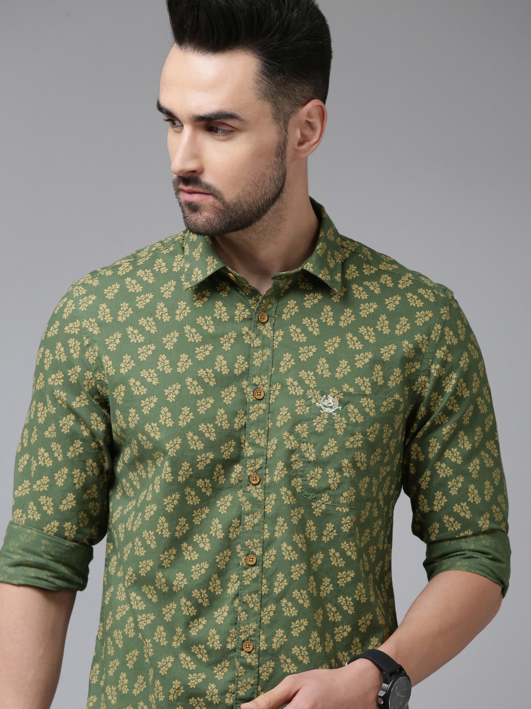 

U S Polo Assn Denim Co Men Green & Yellow Slim Fit Floral Printed Pure Cotton Casual Shirt