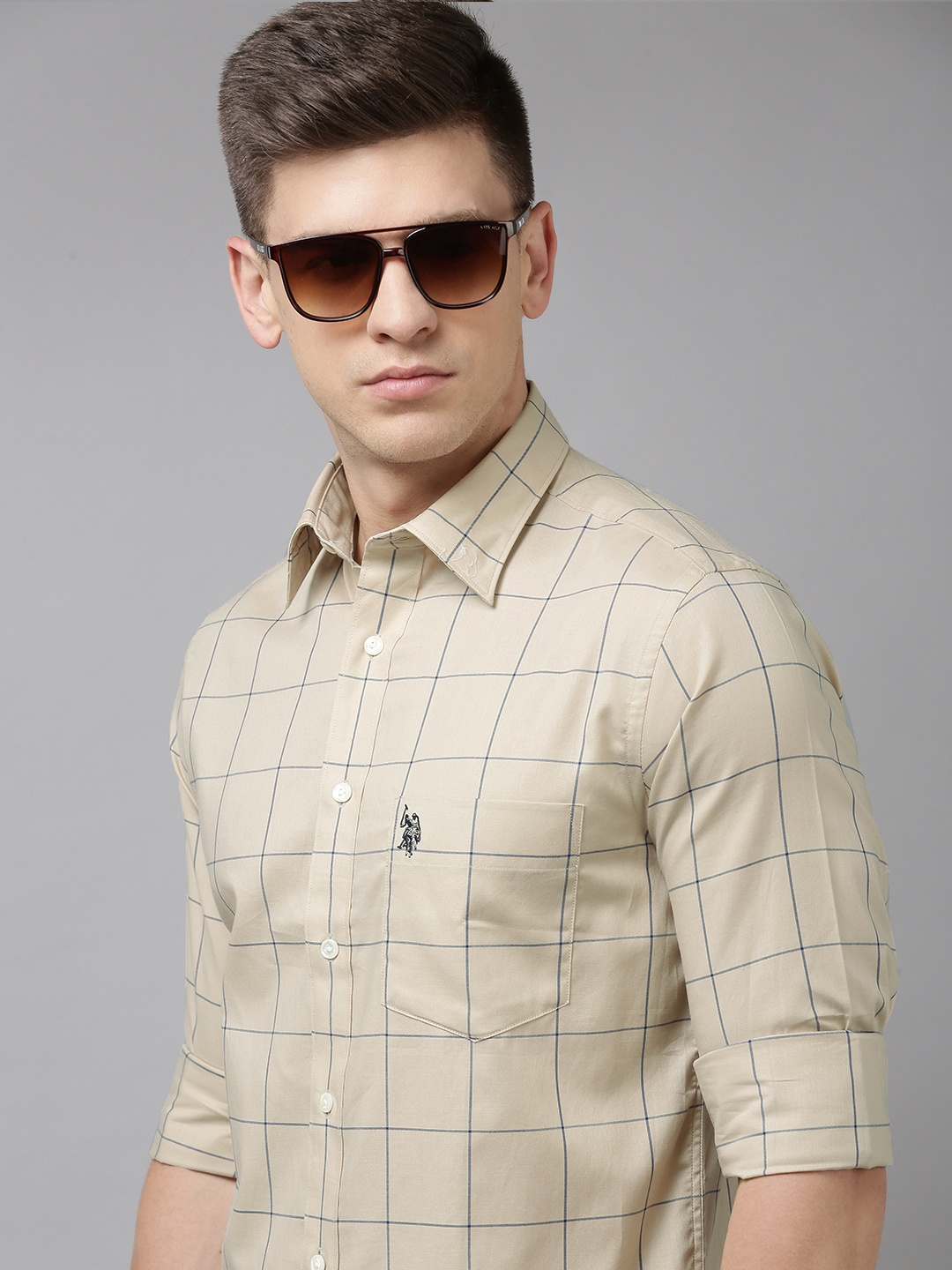 

U.S. Polo Assn. Men Beige Tailored Fit Checked Pure Cotton Casual Shirt