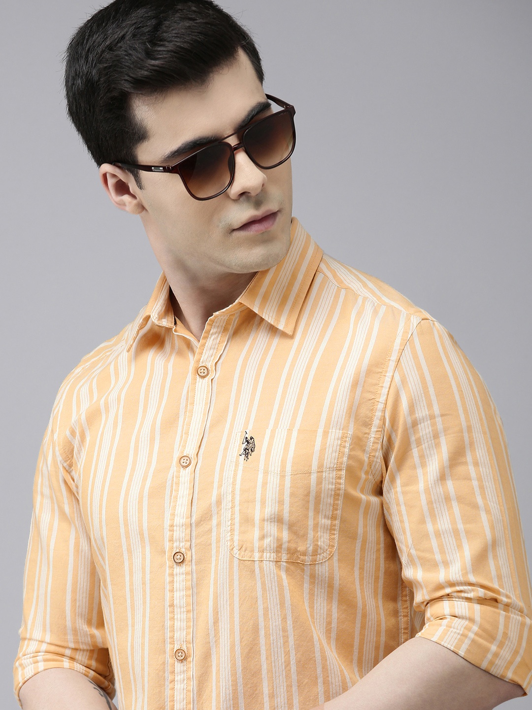 

U S Polo Assn Denim Co Men Mustard Yellow & White Slim Striped Pure Cotton Casual Shirt