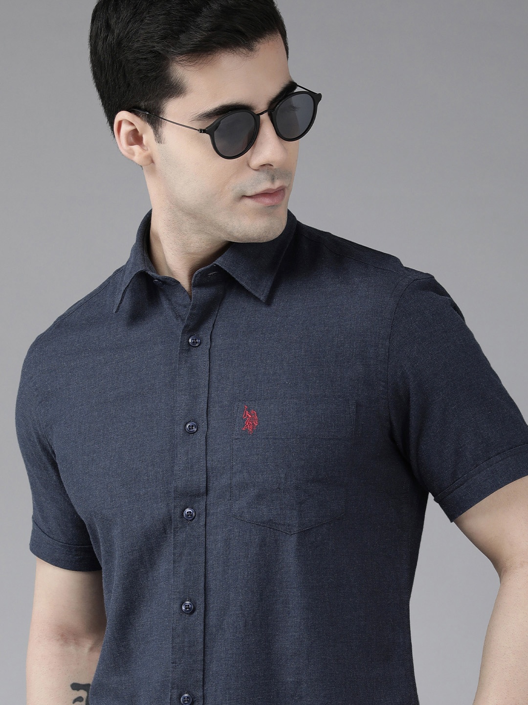 

U S Polo Assn Men Navy Blue Solid Tailored Fit Pure Cotton Casual Shirt