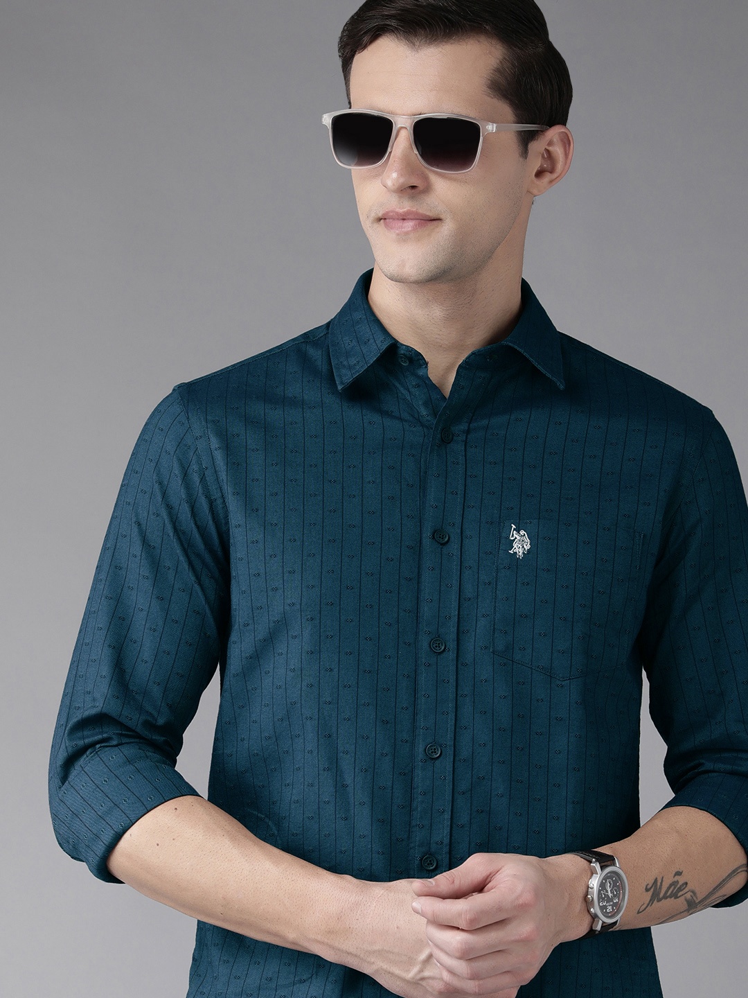 

U S Polo Assn Men Teal Striped Pure Cotton Casual Shirt