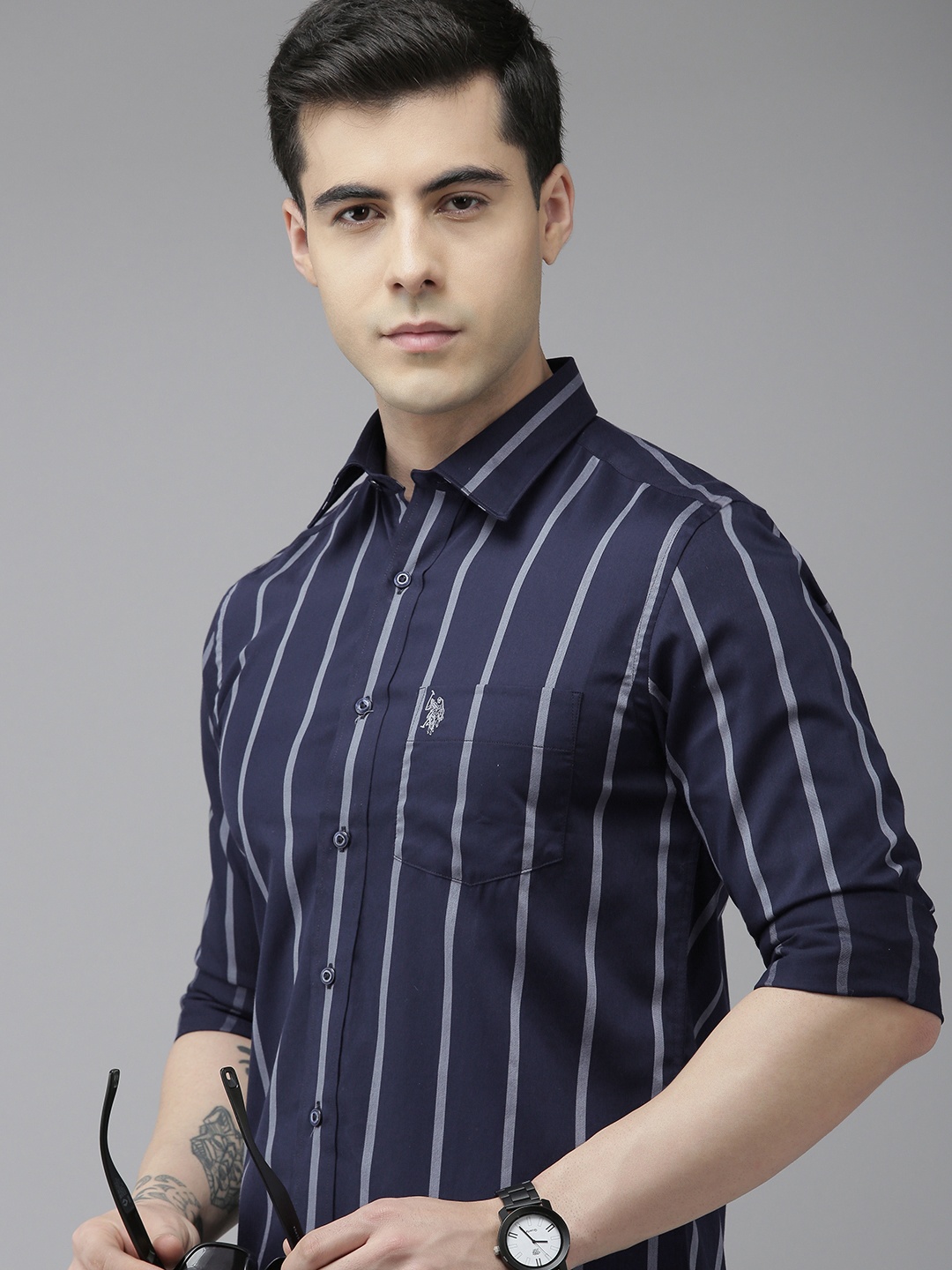 

U.S. Polo Assn. Men Navy Blue & Grey Tailored Fit Striped Pure Cotton Casual Shirt