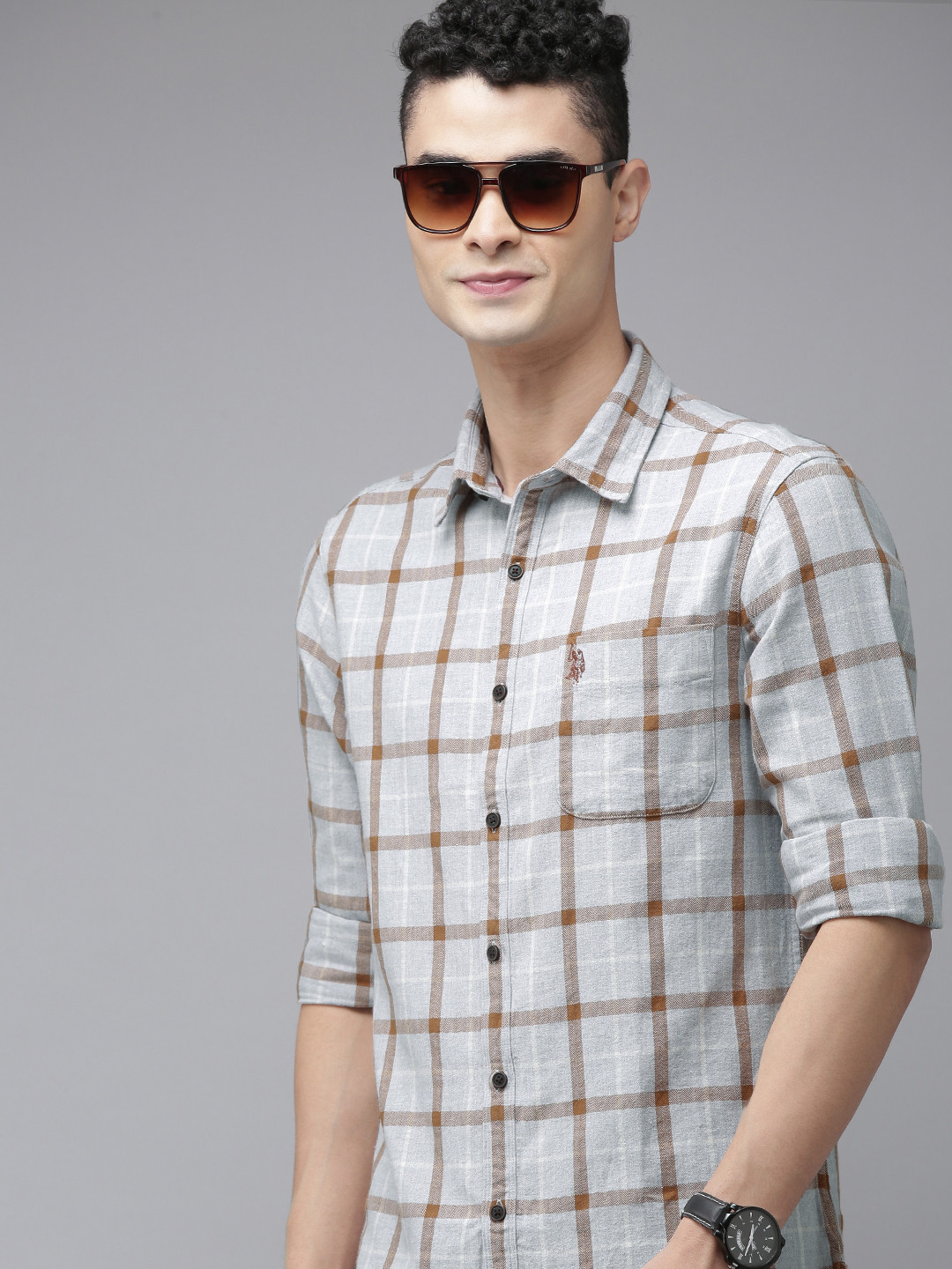 

U S Polo Assn Denim Co Men Grey And Rust Red Slim Fit Grid Checked Pure Cotton Shirt