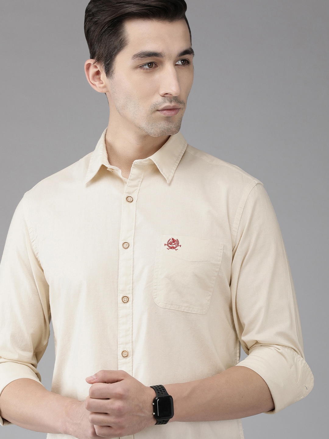 

U S Polo Assn Denim Co Men Beige Slim Fit Pure Cotton Semiformal Shirt