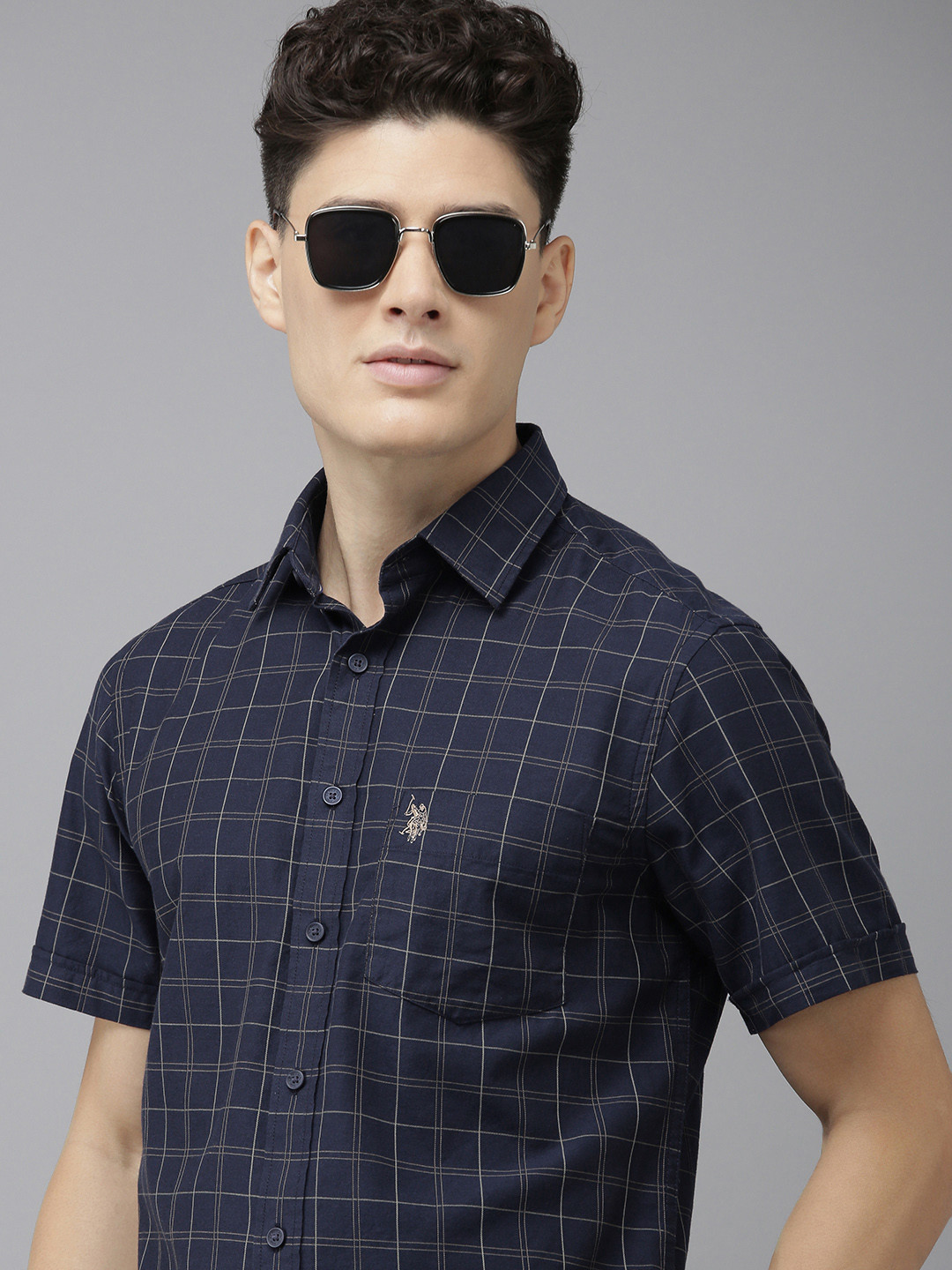 

U S Polo Assn Men Navy Blue And White Tailored Fit Checked Pure Cotton Casual Shirt