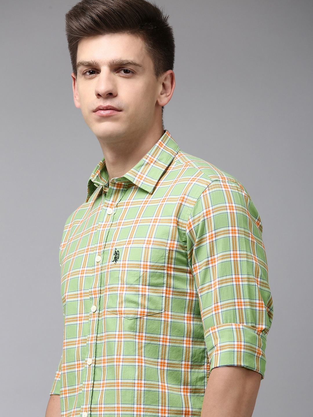 

U S Polo Assn Men Tailored Fit Tartan Checked Pure Cotton Casual Shirt, Green