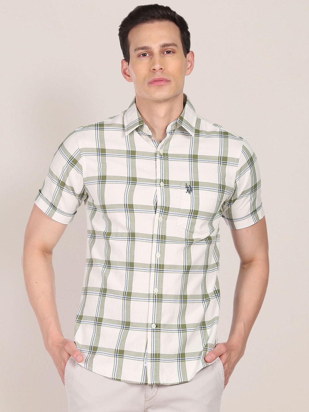 

U S Polo Assn Men Grey Checked Pure Cotton Casual Shirt