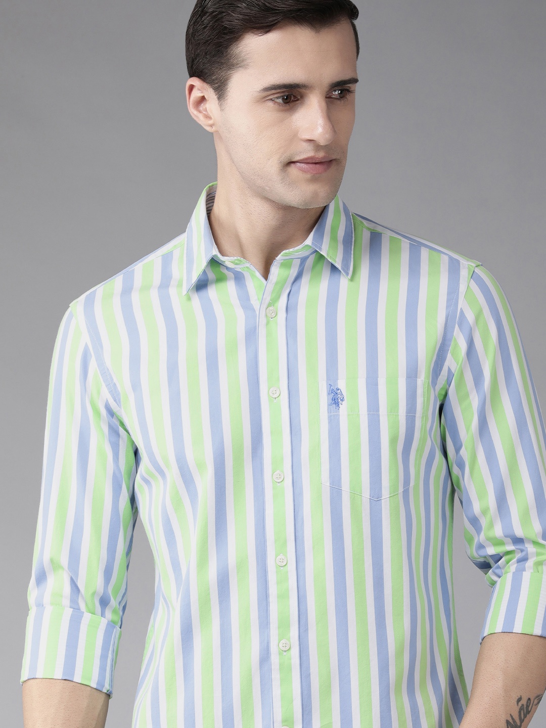 

U S Polo Assn Men Green Striped Pure Cotton Casual Shirt