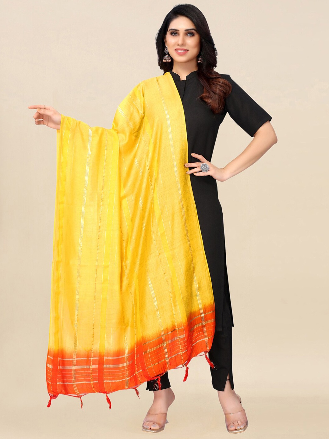 

KALINI womens Yellow & Orange Dyed Cotton Silk Dupatta with Zari