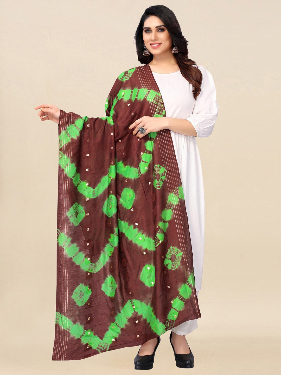 

KALINI Women Brown & Green Printed Cotton Silk Dupatta