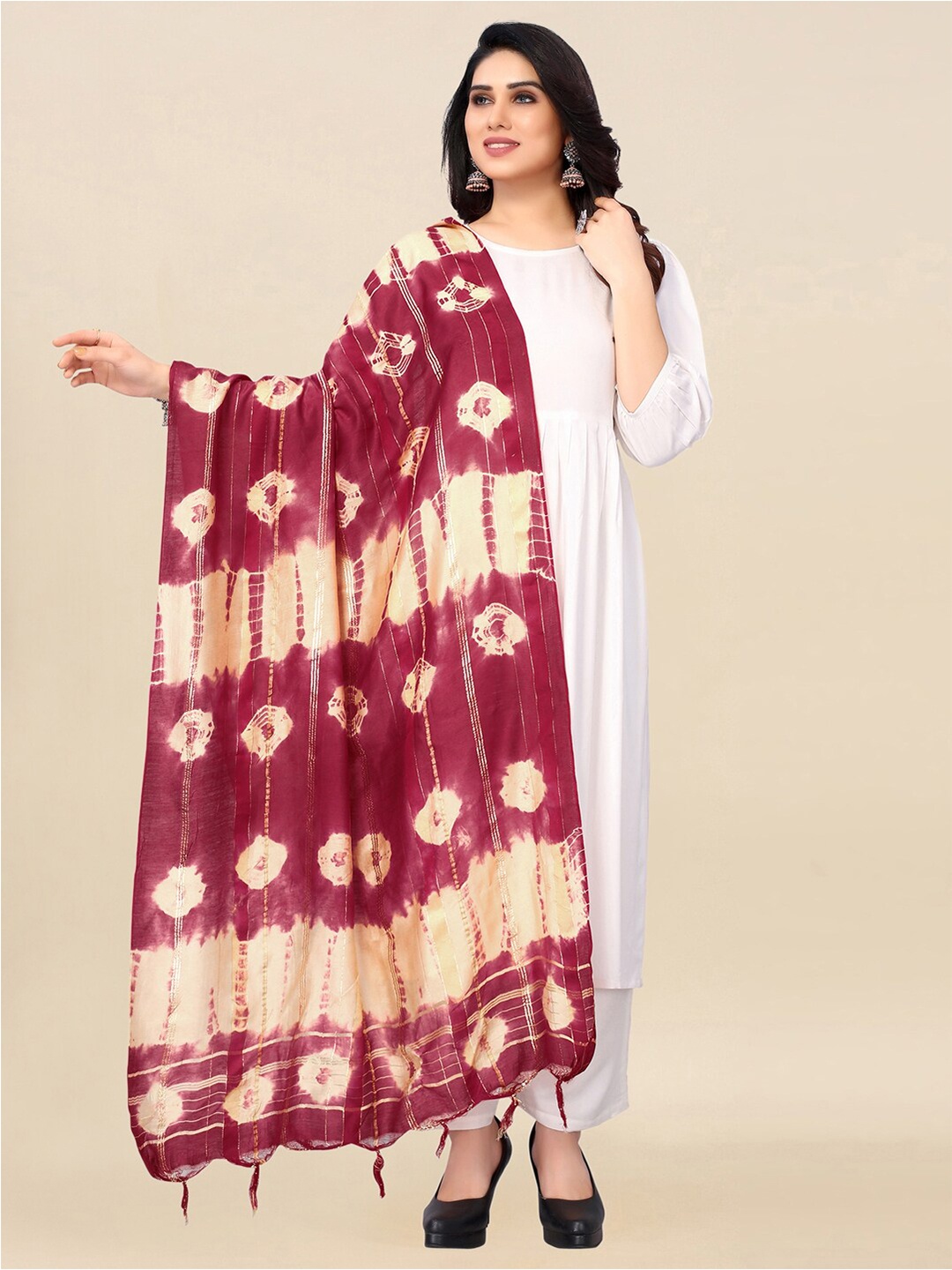 

KALINI Beige & Red Printed Cotton Silk Tie and Dye Dupatta with Zari