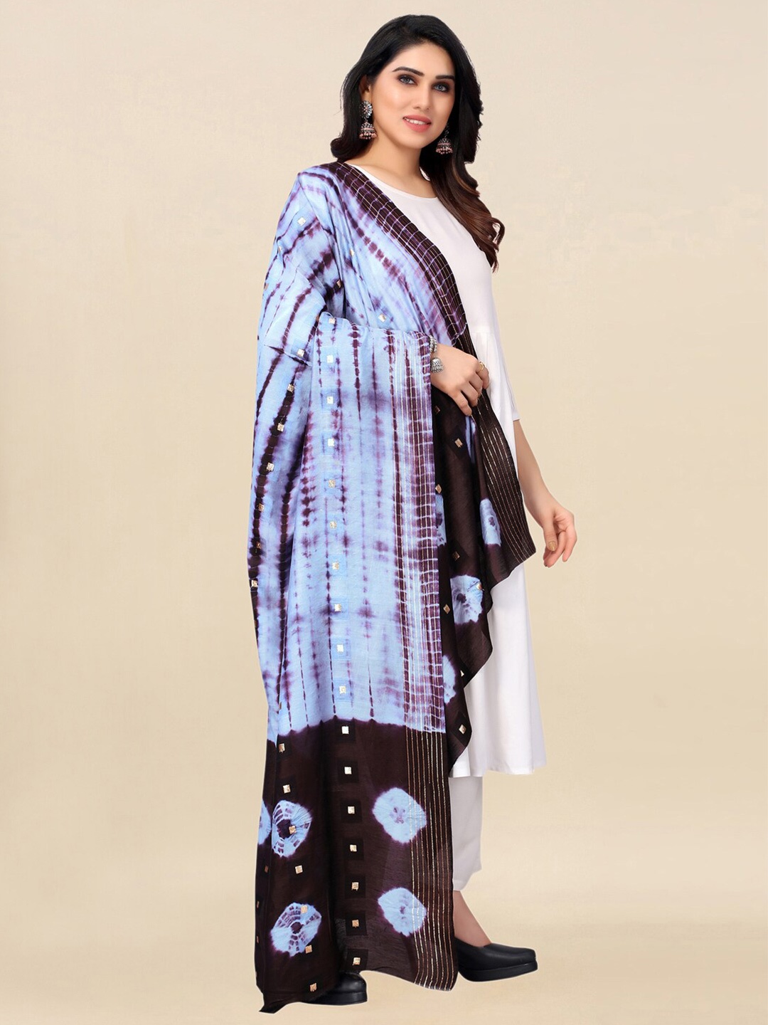 

KALINI Purple & Blue Printed Cotton Silk Tie and Dye Dupatta with Zari