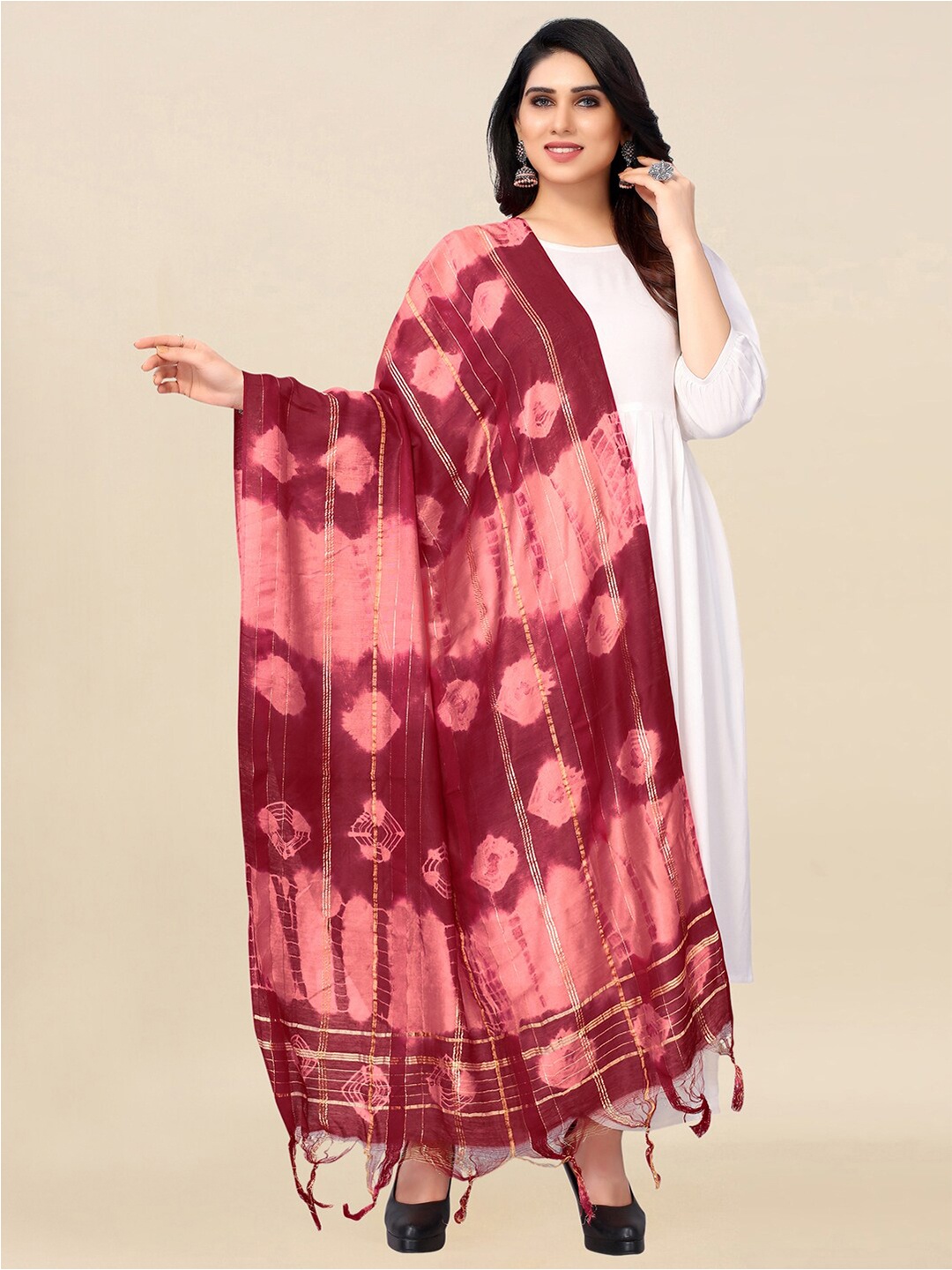 

KALINI Pink & Maroon Printed Cotton Silk Tie and Dye Dupatta with Zari