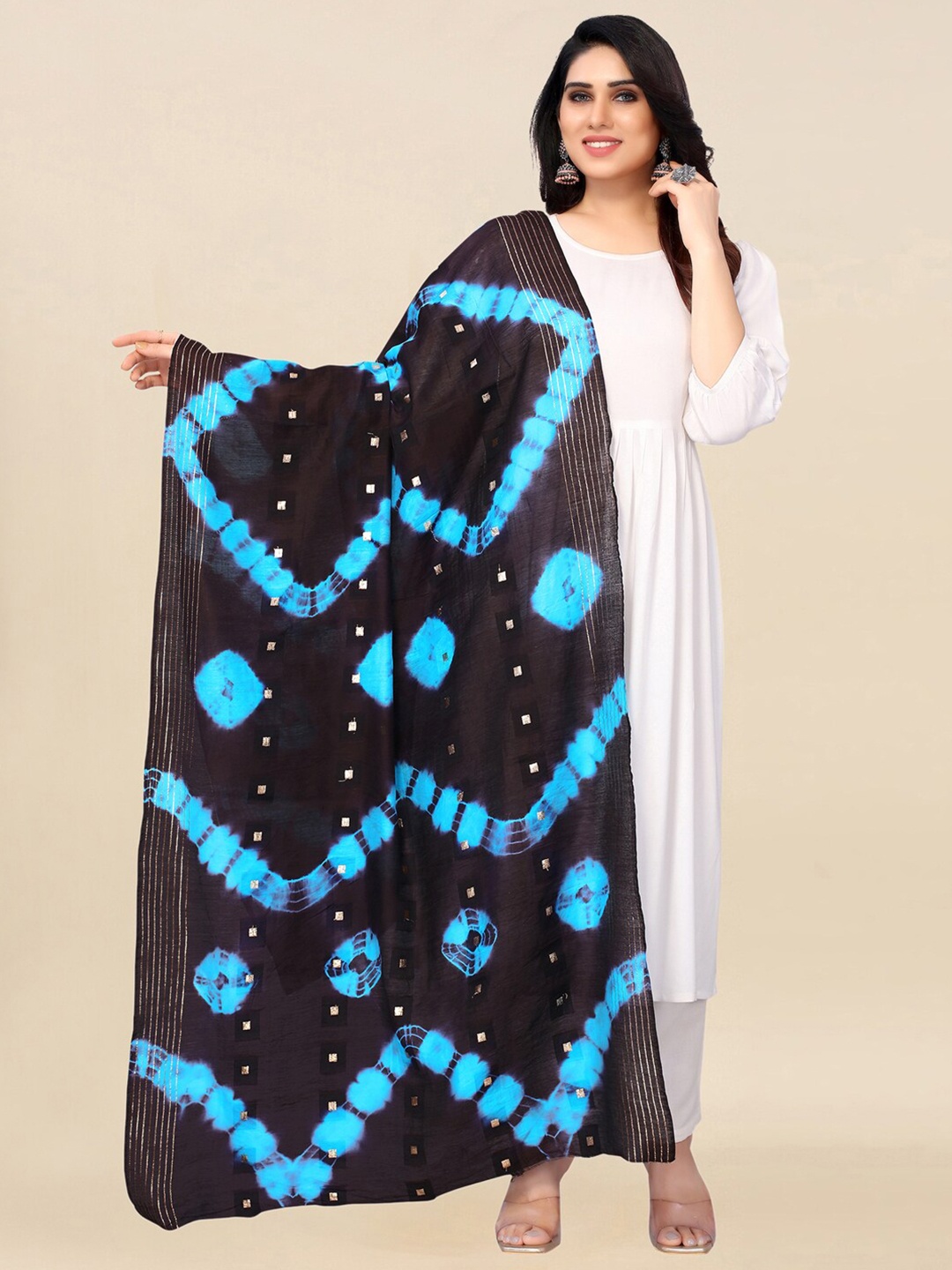

KALINI Black & Blue Printed Cotton Silk Dupatta with Zari