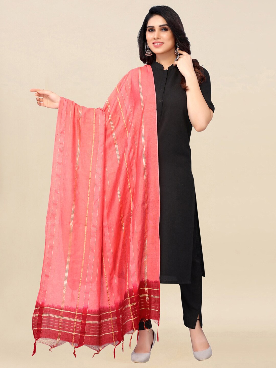 

KALINI Pink & Red Dyed Cotton Silk Dupatta with Zari