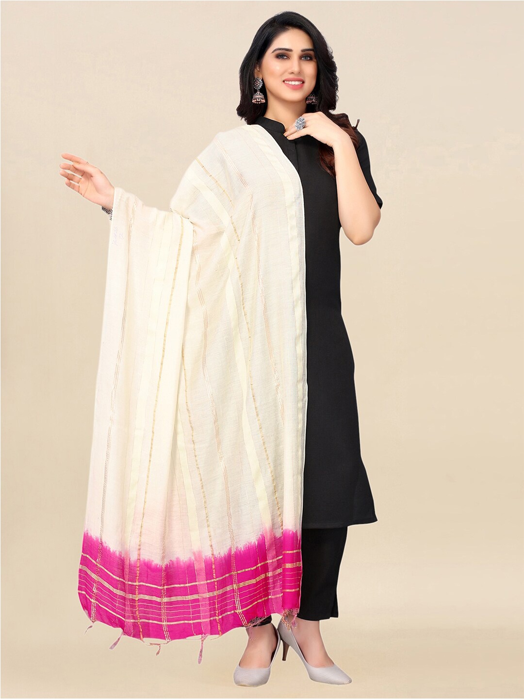 

KALINI Cream-Coloured & Pink Dyed Cotton Silk Tie and Dye Dupatta with Zari