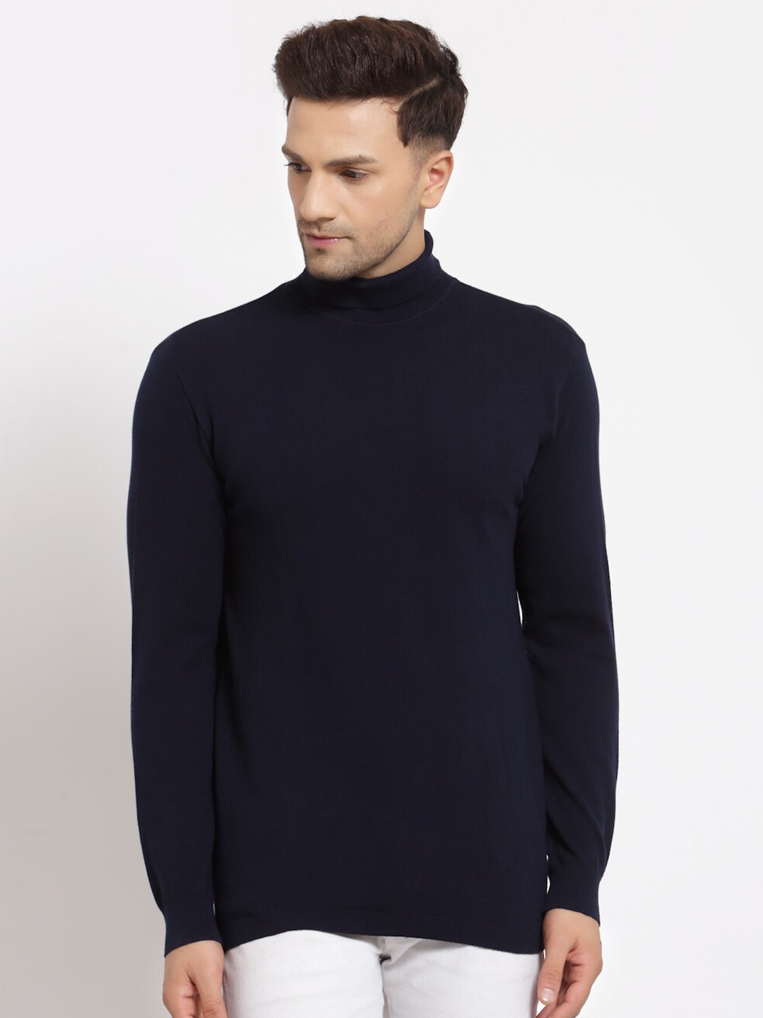 

Kalt Men Navy Blue High Neck Raw Edge T-shirt