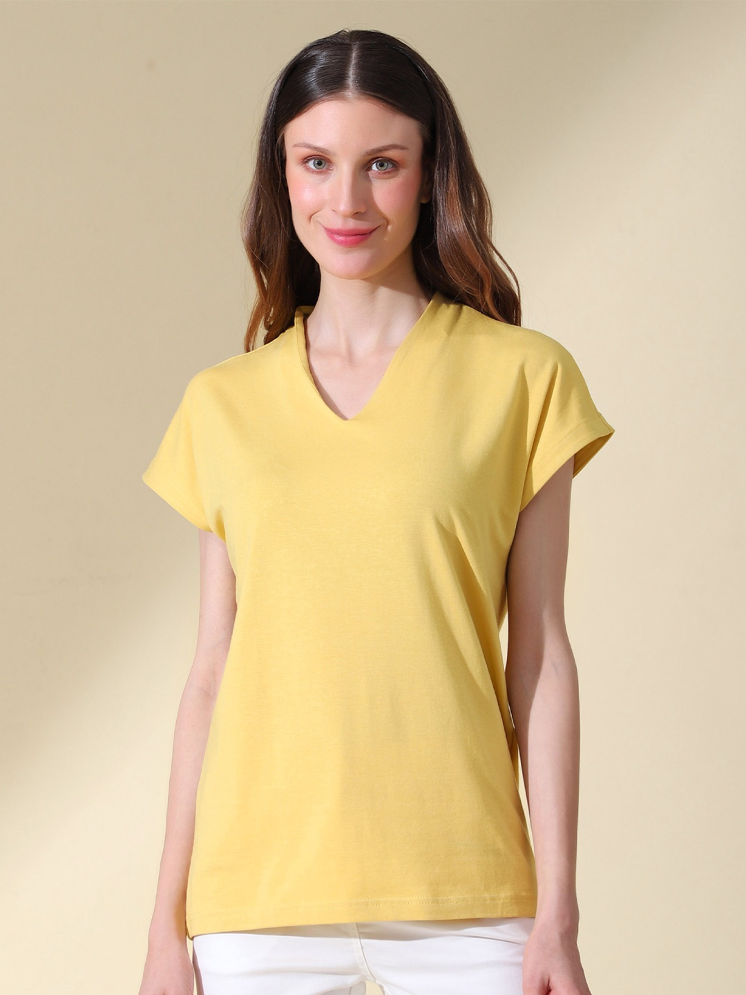 

B.Copenhagen Women Yellow V-Neck Extended Sleeves T-shirt