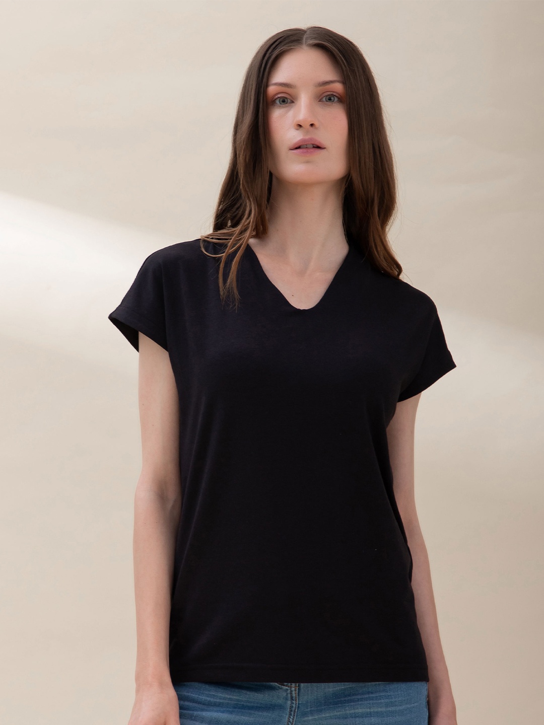 

B.Copenhagen Women Black V-Neck Cap Sleeves T-shirt
