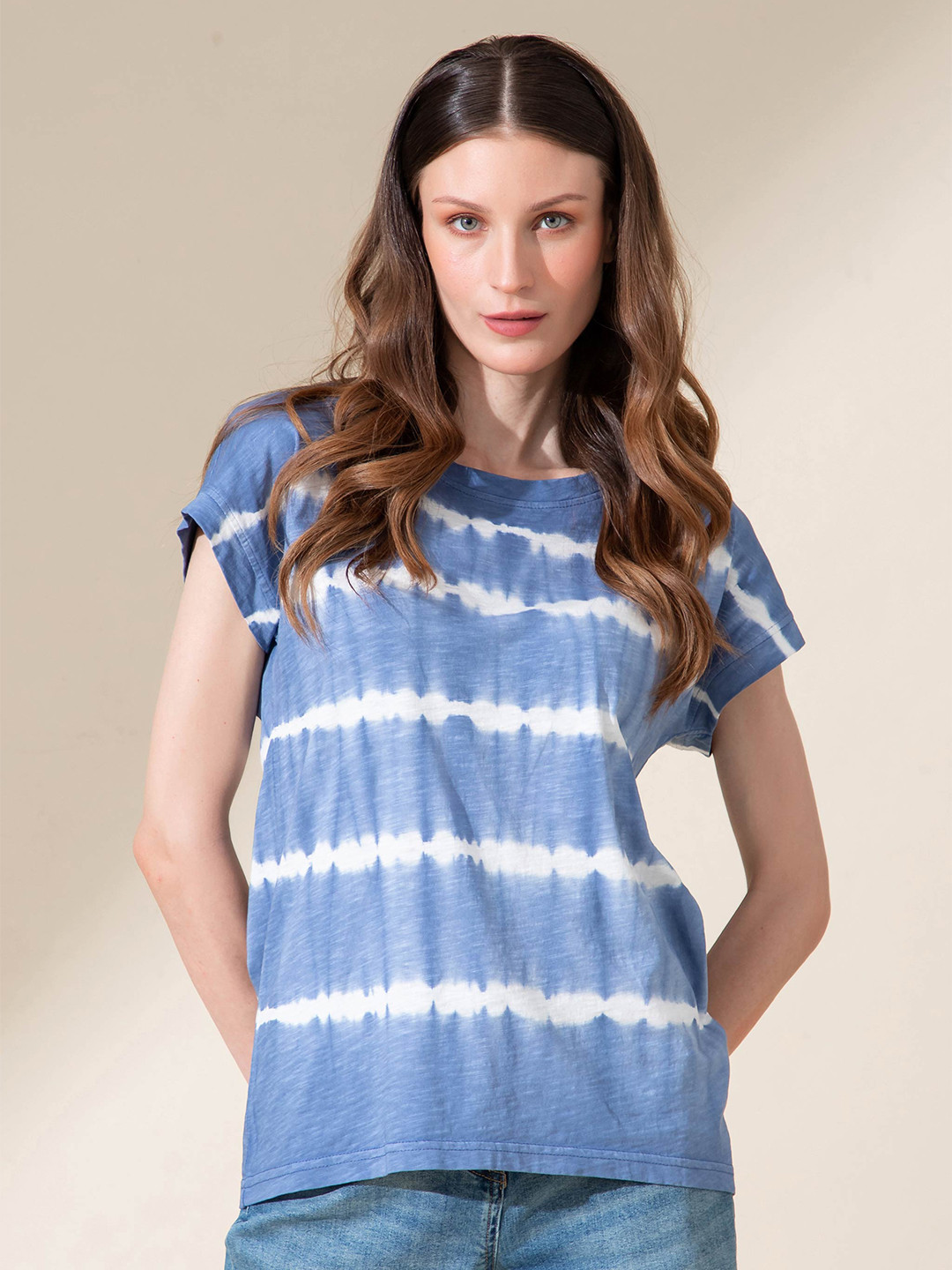 

B.Copenhagen Women Blue Tie and Dye Dyed Extended Sleeves Pure Cotton Raw Edge T-shirt