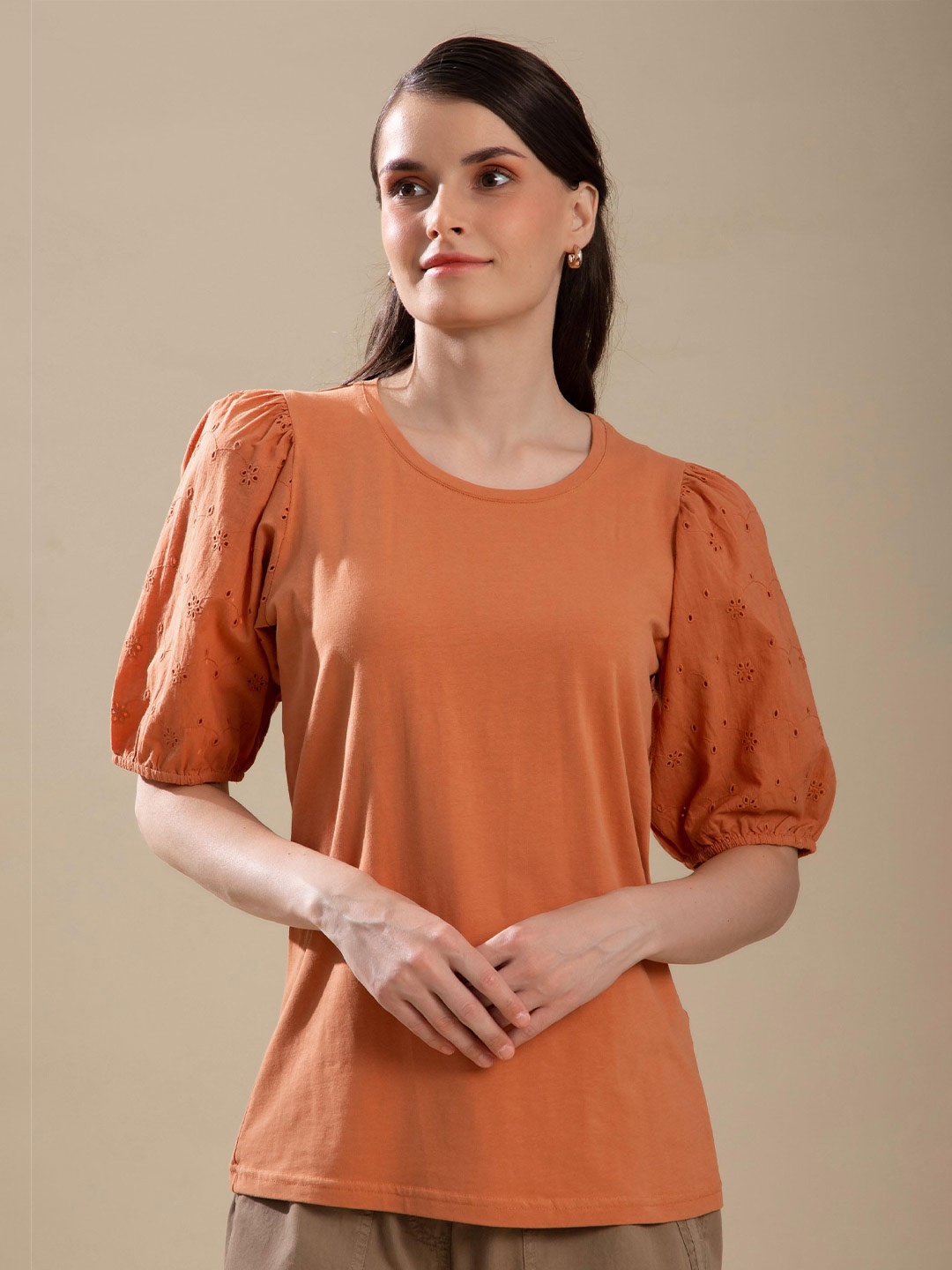 

B.Copenhagen Women Orange Puff Sleeves T-shirt