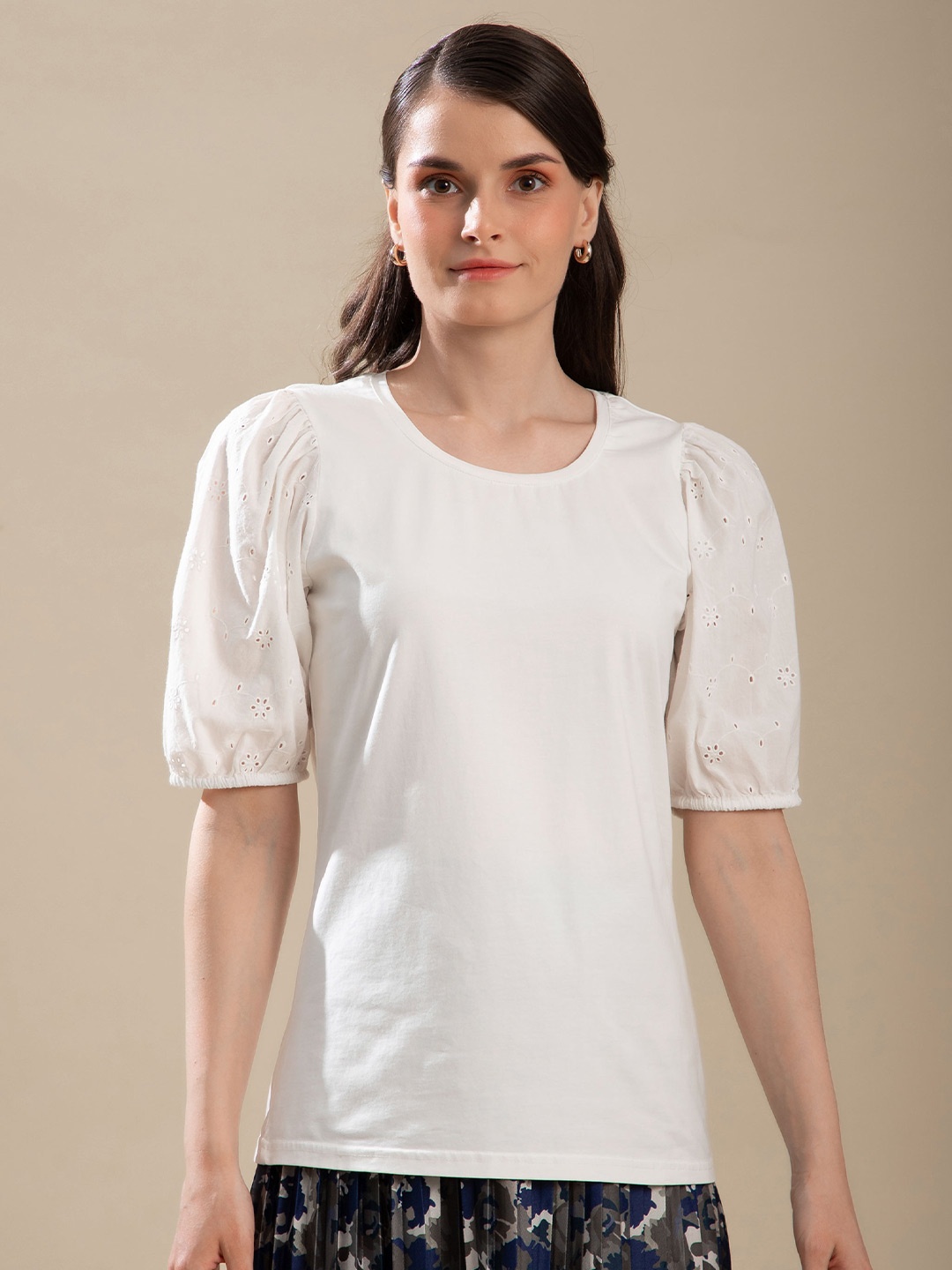 

B.Copenhagen Women Off White Puff Sleeves T-shirt