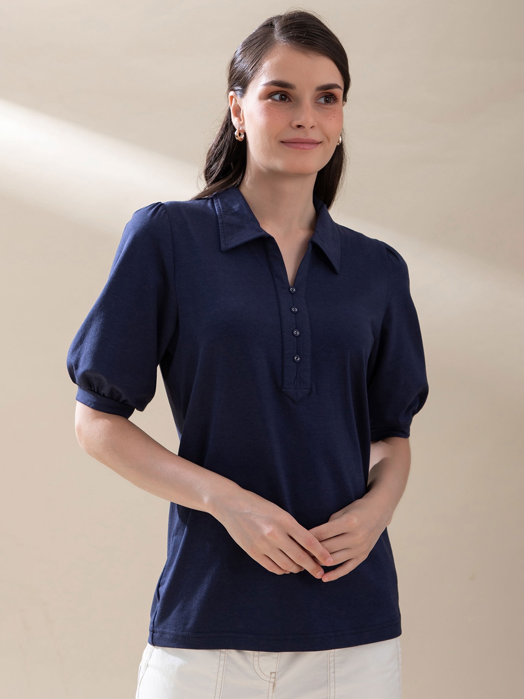 

B.Copenhagen Women Navy Blue Polo Collar Puff Sleeves T-shirt