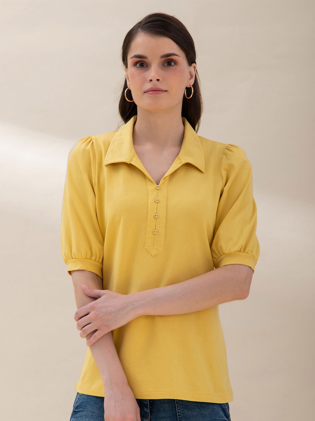 

B.Copenhagen Women Yellow Polo Collar T-shirt