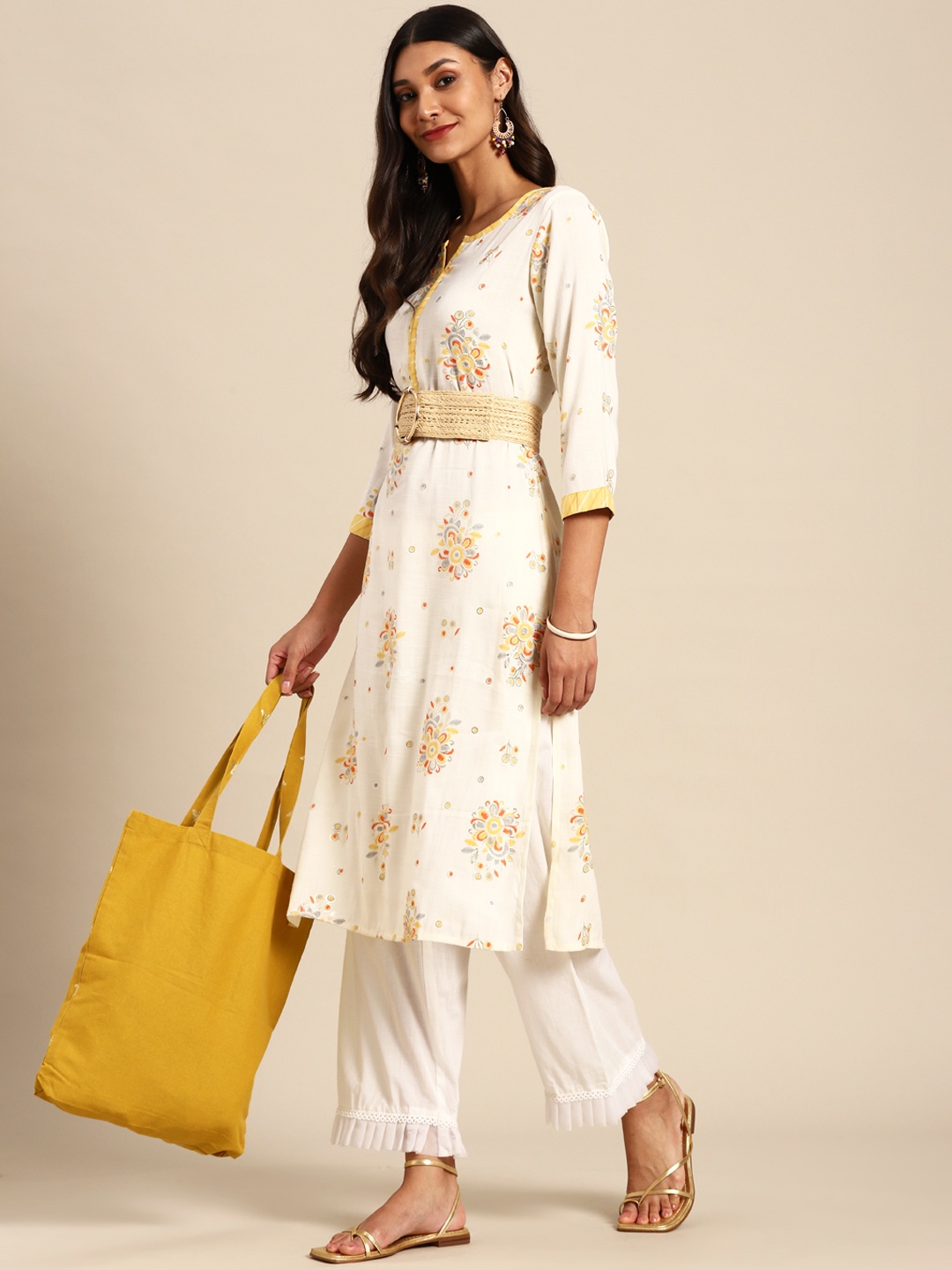 

Sangria Women Off White & Yellow Ethnic Motifs Printed Kurta