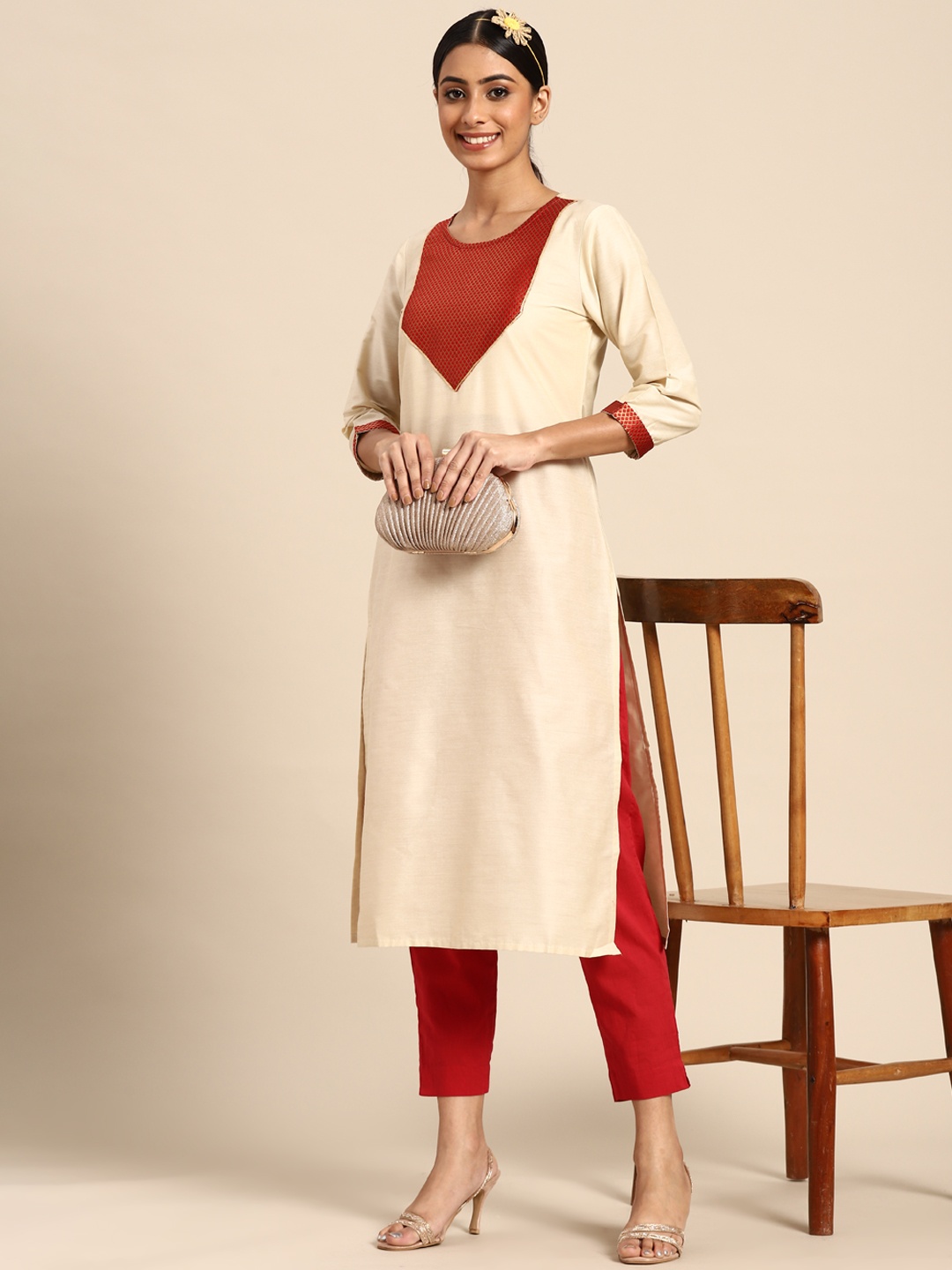 

Sangria Women Off White & Rust Yoke Design Gotta Patti Kurta