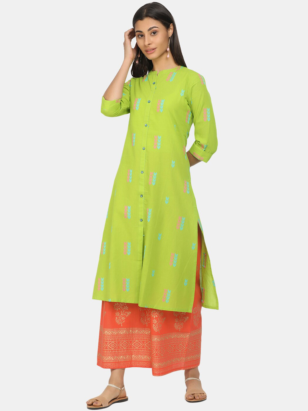 

V-Mart Women Green Ethnic Motifs Embellished Flared Sleeves Thread Work Kurta