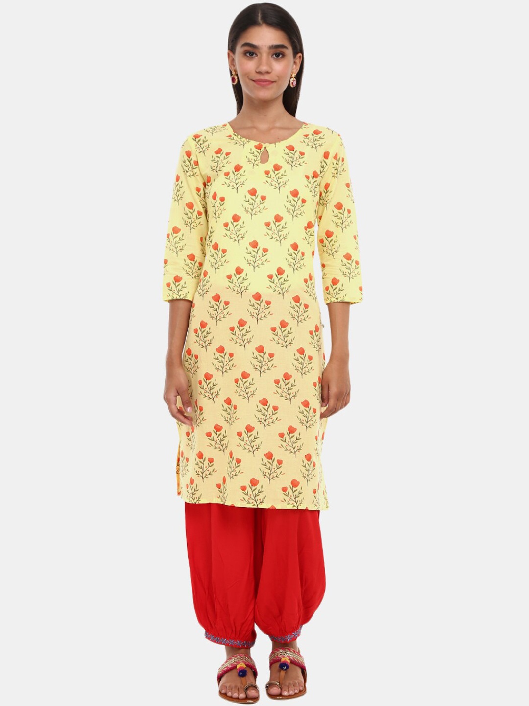 

V-Mart Women Yellow Floral Printed Mirror Work Kurta