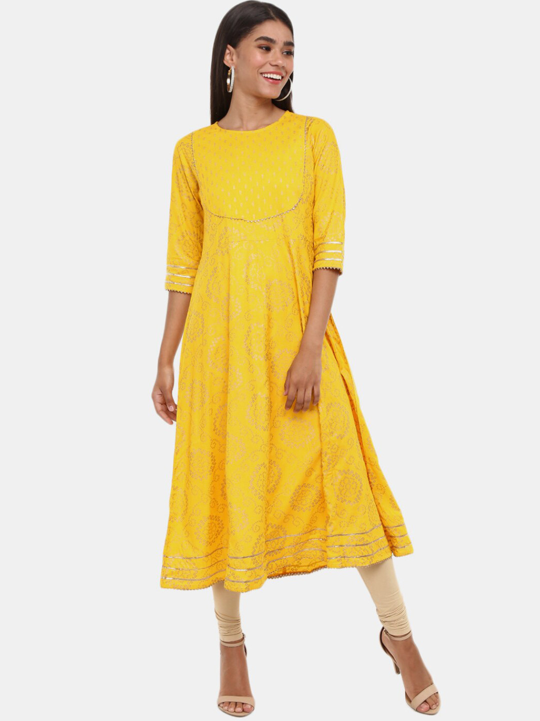 

V-Mart Women's Ethnic Printed Rayon Round Neck Kurta, Yellow