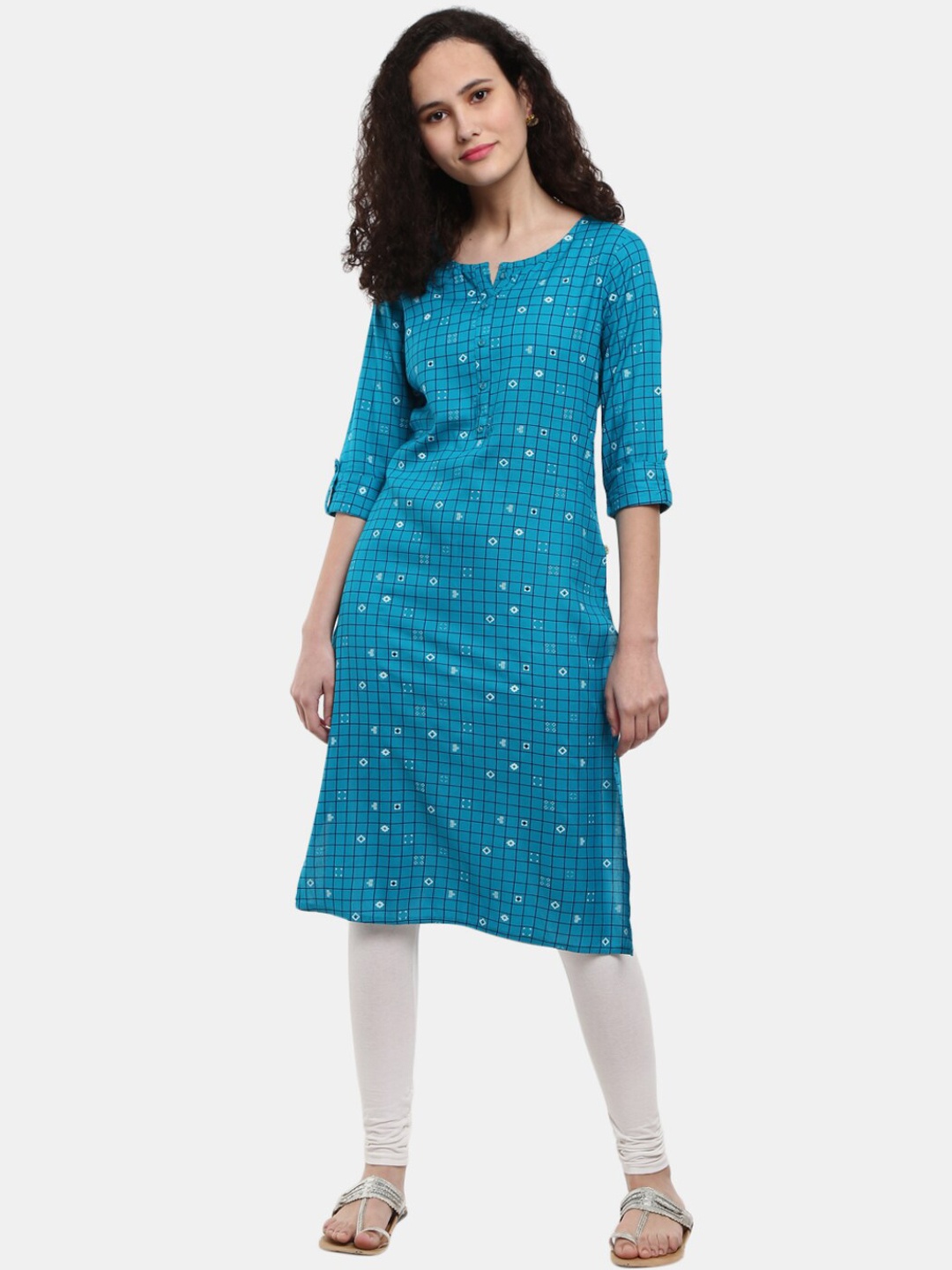 

V-Mart Women Blue Geometric Checked Thread Work Kurta