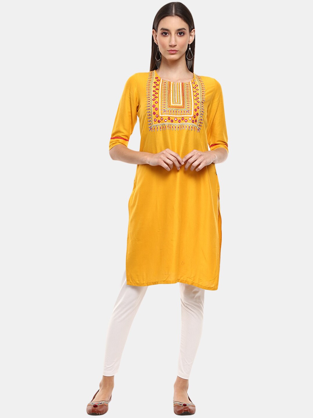 

V-Mart Women Mustard Yellow Ethnic Motifs Yoke Design Kurta